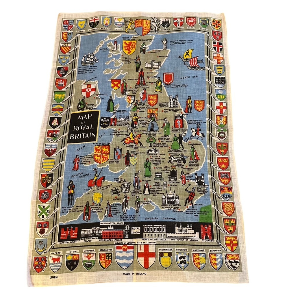 Vintage Map of Royal Britain Linen Tea Towel Made in Ireland 31x21 Heraldry